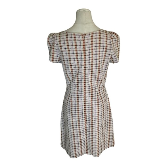 ANN TAYLOR Madras Plaid Puff Sleeve Flare Dress Orange Pink SZ 4 Work Party Mini - Picture 6 of 11